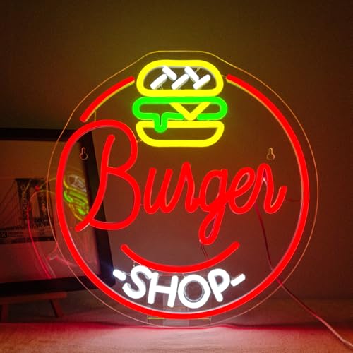 ineonlife Burger Neon Schild für Wand Dekor Dimmbar Hamburger Led Neonlicht Schilder für Burgerladen Business Lebensmittel Lichter Zimmer Bunte Dekoration für Party Imbissstube Gaststätte 5V/2A USB