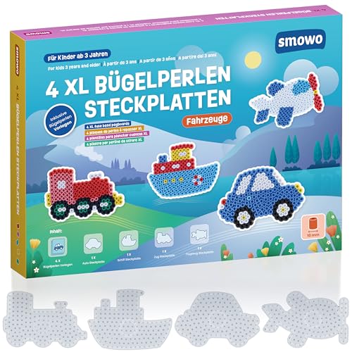 Smowo® 10mm Bügelperlen Platten Fahrzeuge - Set mit 4 Steckplatten und Vorlagen - Auto, Schiff, Zug, Flugzeug - Große Stiftplatten für Kinder ab 3 Jahre