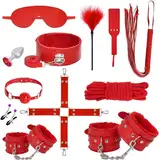 12er BDSM Bondage Set Fesselset Erotik SM Sex Spielzeug Zugband Handschellen Knöchelmanschetten Analplug Nippelklemmen Ballknebel Federkitzler Augenmaske Peitsche Paddel Baumwollseil Paare (rot)