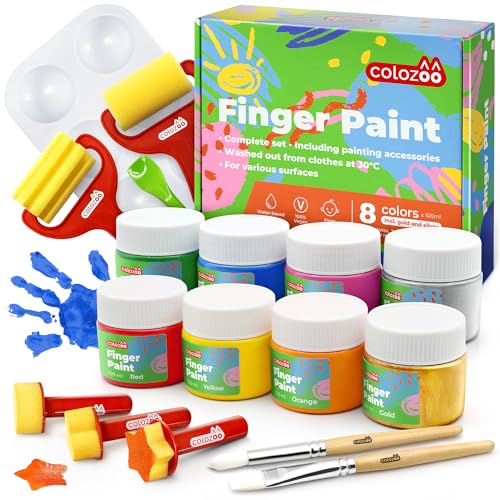 colozoo Fingerfarben Kinder Ungiftig Set inkl. Malzubehör | 8x100ml inkl. Gold & Silber | Fingerfarbe Paraben-, Gluten- & Laktosefrei, auf Wasserbasis, Vegan | Leicht zu reinigen