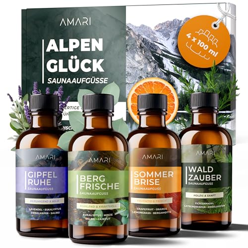Amari ® Saunaaufguss Set Alpenglück – natürliche Saunadüfte mit Bio-Ethanol – Naturreine Ätherische Öle – Aufgussmittel, Sauna, Saunaöl, Duftöl
