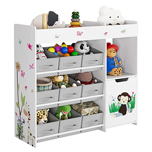 HOCSOK Spielzeugregal Kinderregal mit 9 Aufbewahrungsboxen Spielzeug-Organizer Viel Stauraum Bücherregal Kinderzimmer Holz Weiß 90 x 80 x 29,5 cm