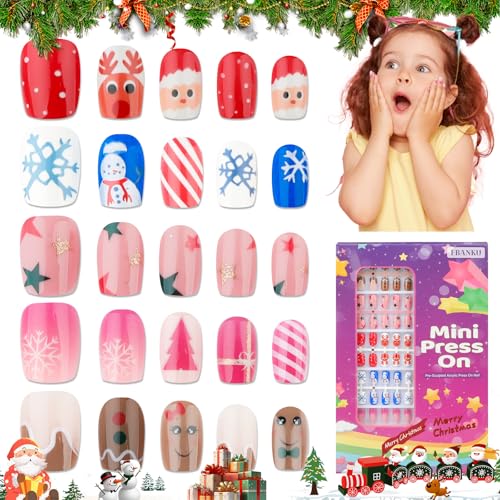 130 Stück Weihnachten Presse auf Nägel für Kinder, EBANKU 5 Pack Kid Fake Nail Kit Old Christmas Niedlich Presse auf Nägel für Mädchen 8-12 Jahre mit Gelee Nagelklebstoffe & Nagelbinder Kleber