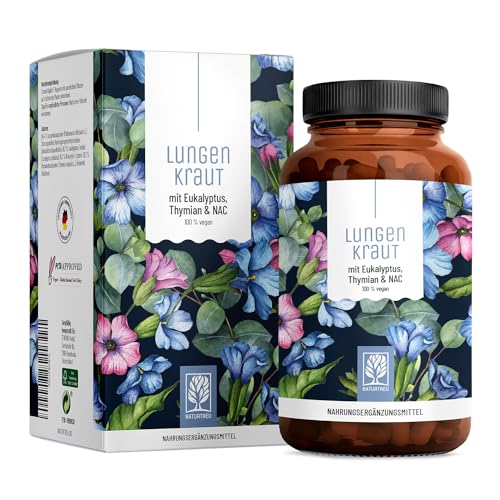 Lungenkraut Kapseln - 120 Stück mit 300mg pro Tagesdosis - Lungenkraut (Lungwort) Atem Komplex ergänzt mit Thymian, Eukalyptus, NAC & Vitamin B2 - Vegan & ohne Zusätze