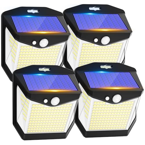 Solarlampen für Außen mit Bewegungsmelder: 3 Modi 238 LED Aussen Lampe mit 270° Beleuchtungswinkel IP65 Wasserdichte Solarlampe Aussenleuchte für Garten Hof Stufen Deck Haustüren Garage 4 Stück