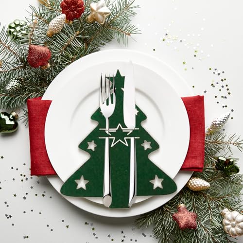 12 Stück Besteckhalter Weihnachten,Filz Bestecktasche Tischdeko Weihnachtsbaum Besteck Deko Bestecktaschen Tannenbaum Weihnachts Tisch Besteckbeutel Set,für Weihnachtstisch Cutlery Messer (Grün)