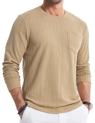 JMIERR Long Shirts Herren Langarmshirt Pullover Strickpullover Rundhals T-Shirts Longshirt Modern Leichte Basic Solid Winter Oberteile Männer für Herren mit Tasche Beige M