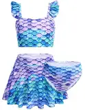 Arshiner Mädchen Bikini Set 3 Stück Kinder Rüschen Tankini mit Rock Meerjungfrau Badeanzug Bademode Schwimmanzug Blau 120/5-6 Jahre