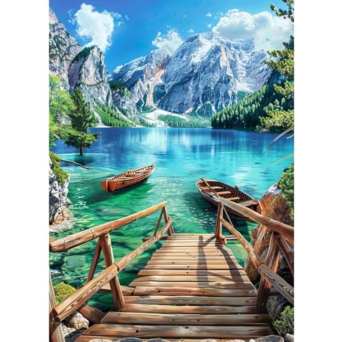 CLYCTIP Diamond Painting Kits Adults, Mountains Lake and Boats Diamond Painting Pictures, 30 x 40 cm