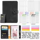 A6 Budget Binder mit Taschenrechner Budget Planner Deutsch, Lederbudget Binder Geld Organizer mit 12 Bargeldumschlägen und Budgetblättern (Schwarz)