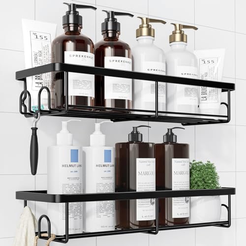 Kitsure Duschablage ohne Bohren - 2 Stück rostfreie Badezimmer Organizer, schnell trocknende Badregal, mit großer Kapazität, langlebige Shampoo Halterung für Dusche aus Edelstahl, 4 Haken, Schwarz