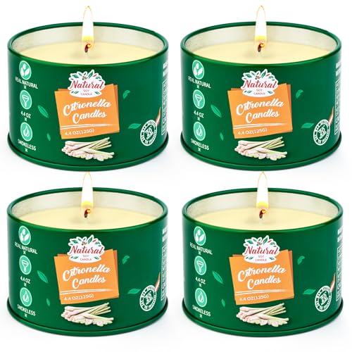 Citronella Kerzen Outdoor Groß,4x125g Citronella Kerze Draußen-120Std Brenndauer Zitronella Kerzen Garten,Natürliche Sojawachs Zitronen Duftkerzen-Set für Camping Terrasse Picknicks Sommergeschenk