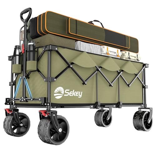Sekey XXXL Bollerwagen Faltbar 300L 200KG Belastbar, Faltbarer Bollerwagen 17x10 cm Extra Breite Reifen Alle Gelände, Patentiert Klappbar aus Vier Richtungen, XXXL-Super 4013, Olivgrün
