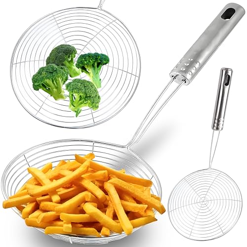 Retoo Schaumlöffel Abseihlöffel Schaumkelle Edelstahl Siebkelle mit Langem Griff und Hängen Loch Frittierkelle für Hot Pot Kochen Frittieren Durchmesser Dünsten Braten Durchmesser 14,5 cm Silber