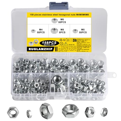 158 STK M4 M5 M6 M8 Muttern, Sechskantmuttern, DIN 934 Standard A2 V2A Edelstahl Sicherungsmuttern, Selbstsichernde Muttern Stopmuttern, Edelstahlmuttern für Gewindestange Schrauben - M4 M5 M6 M8