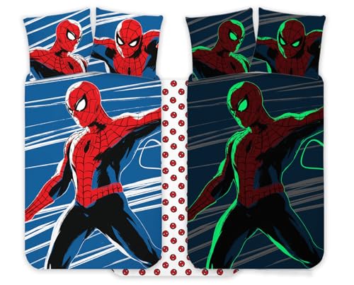 Spiderman Bettwäsche-Set für Kinderbett, 100 x 135 cm + Kissenbezug 40 x 60 cm, 100 % Baumwolle, nachtleuchtend, Baby-Bettwäsche-Set, perfekt für Kinder, Spiderman, weiche Wendebettwäsche für Jungen