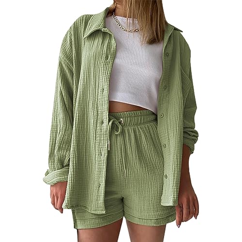 LNNGNIA Zweiteiler Damen Sommer Outfits Musselin Bluse und Shorts, Aesthetic 2 Teiler Lounge Set Elegant Baumwolle Sportanzug Oversize Hosenanzug Langarm 3/4 Arm Hausanzug Y2K Clothes