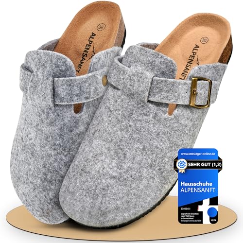 Alpensanft Damen Herren Clogs Hausschuhe mit Riemen Filz Grau Korksohle Unisex (36-45) Gepolsterte Echtledersohle (Dunkelgrau, EU Schuhgrößensystem, Erwachsene, Numerisch, M, 44)