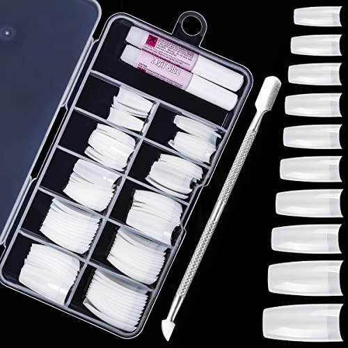 100 Stück Künstliche Nägel Tipps Lang, Fingernägel Natürliche Falsche Nägel mit Nagelhautschieber für Nagelverlängerung, 10 Größen