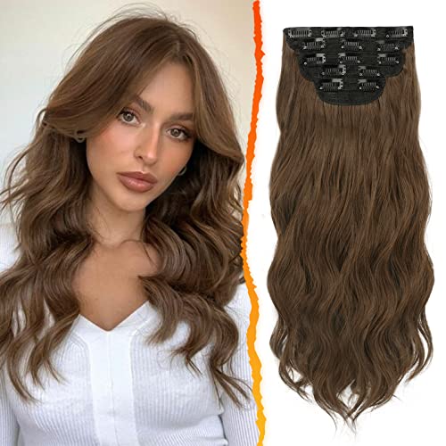 BARSDAR Clip in Extensions, 5 PCS Lange Wellige Clip in Haarverlängerungen Dickes Natürliches Weiches Synthetisches Haarteil Für Frauen Mädchen -45 cm, Goldenes Kastanienbraun