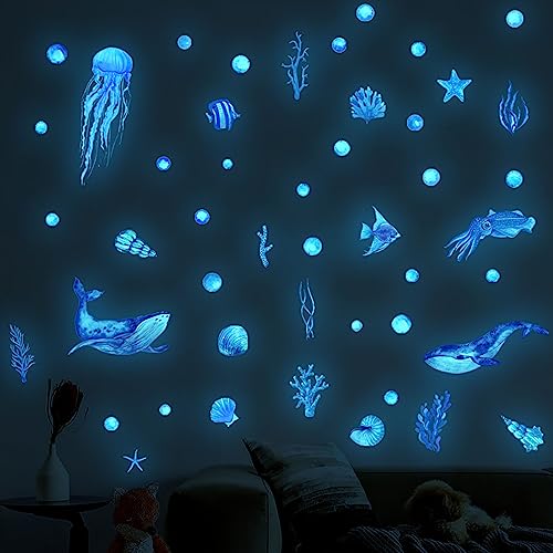 Fluoreszierend Wandaufkleber, Meerestiere Wandtattoo Leuchtend, Selbstklebend Wandtattoo, für Schlafzimmer Wohnzimmer Badezimmer Deko