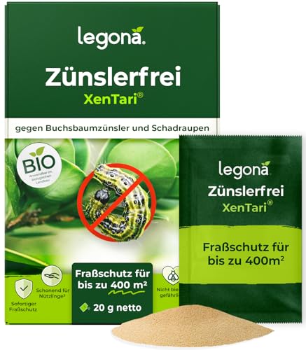 Legona® Xentari Zünslerfrei & Raupenfrei Buchsbaumzünsler Spritzmittel | Biologische Bekämpfung vom Zünsler, Kohlweißling & Frostspanner | 20g einfach zu dosieren | Nicht bienengefährlich