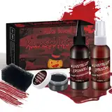 DADAPANGHU Kunstblut Halloween Schminke Set 4PCS: 60ml Kunstblut Spray + 60ml Tropfendes Kunstblut + 40ml Geronnenes Blutplasma + 1 Stipple Schwamm, Fake Blood, Halloween Blut Halloween Make Up