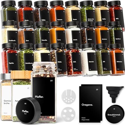 KIVY Gewürzgläser mit Streueinsatz [24x 120ml] + 240 Wasserfeste Label - Luftdichte Gewürzgläser Schwarz - Gewürzstreuer Glas Sticker - Gewürzdosen Schwarz - Gewürzgläser schwarzer Deckel