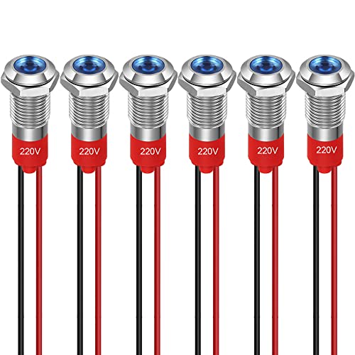 GUUZI 6pcs 8mm Voyant LED 220-230V Signal Lumineux étanche Panneau Métallique Voyant LED Montage sur Panneau Tête Plate avec Fils Coque Argentée (Bleu)