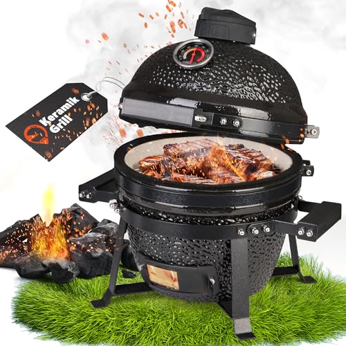 GLAMPmania Keramikgrill Kamado Grill SET - Edelstahlgrillrost Ø25 cm I Campinggrill, BBQ, Holzkohlegrill für Camping Garten Balkon - Jetzt Holen