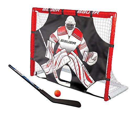 BAUER - Street Hockey Goal Set inkl. Shooter, Schläger & Ball I Outdoor-/Indoor-Tor I Tor mit Puckwand I PVC-Rahmen I Tor für Hockeybälle und Pucks I Streethockey-Training I Feldhockey - Rot