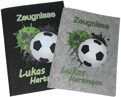 Zeugnismappe mit Namen - Mädchen und Jungen - Personalisiert Filz A4 Fussball Grün - Dokumenten Urkunden Mappe Kinder - Hefter Zeugnisse - Sichtbuch