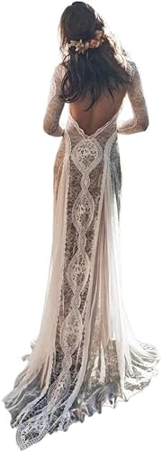 Stilvolles Hochzeitskleid, Vintage-Spitze, rückenfrei, Boho-Strand, stilvolle Brautkleider, langärmelig, nacktes Futter, böhmische Land-Brautkleider, Weiß, 40