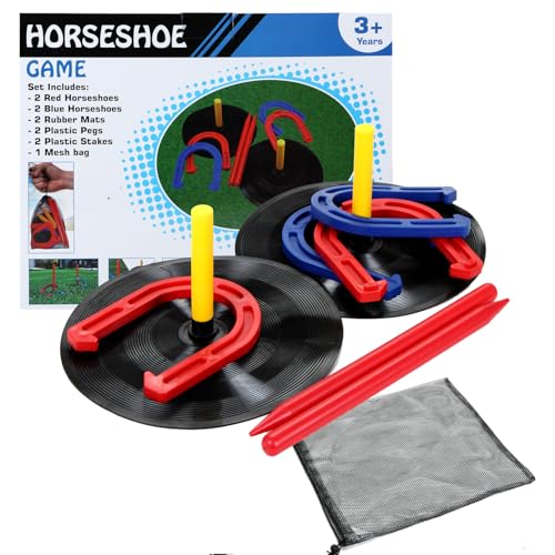 Gummi-Hufeisen-Set für drinnen und draußen, enthält 4 Hufeisen, 2 Heringe, 2 Gummimatten, 2 rote Kunststoff-Dübel, Strandspiele, perfekt für Heckklappe, Camping, Hinterhof, Spaß für Kinder und