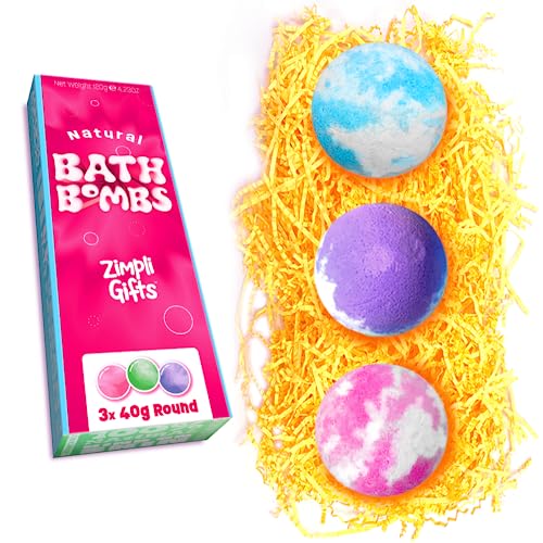 Zimpli Gifts Geschenkset mit 3 hochwertigen Badebomben – perfekt für die Befeuchtung der Haut, handgefertigte Geburtstagsgeschenke für Frauen, Seifenblasen für das Thermalbad, Füllstoff für Socken