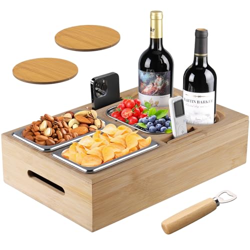 STEBRUAM Couchbar Snackbox -Couch Bar mit Zwei Snackschalen Organizer Soßenteller und Flaschenhalter Couchbar Sofa Couchbar Snackbox Tablett Weinregal,Snackschale,Snackhalter,Snackbar,Couch tablett