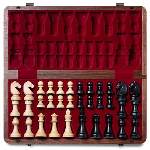 A&A Premium Naturwalnuss Faltbares Schachset, mit 38 cm Brett & 7,6 cm Königshöhe Staunton Schachfiguren, enthält 2 Extra Queens und eine Aufbewahrungstasche