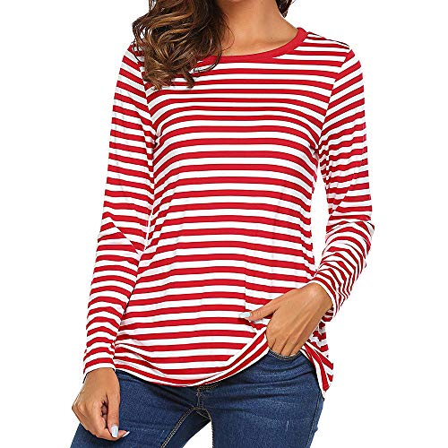 Damen Ringelshirt Rot-Weiss Karneval Langarm Gestreiftes Shirt Rundhals Pullover Oberteil Sweatshirt Bluse Tops