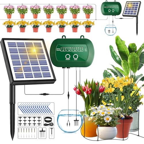 Onherm Solar Bewässerungssystem Automatische Tropfbewässerung, Selbstbewässerungssystem 12 Timing Modi und 15M Tropfschlauch Solar Bewässerung für Indoor, Balkon, Garten, Topfpflanzen im Freien