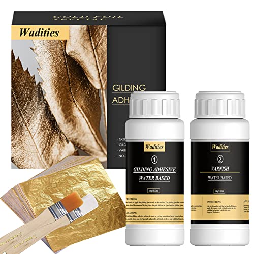 Wadities Blattgold Kleber Set, inkl. 100 ml Kleber und 100 ml Schutzlack auf Wasserbasis, Blattgold 100 Stück, 2 Pinsel, zum Basteln, Malen und professionellen Bastelgebrauch