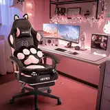 MEENICE Cute Gaming Stuhl mit Katzenpfote Lendenkissen und Katzenohren, Velour Ergonomische Gamer Stuhl mit Fußstütze, Zurücklehnen PC-Spiel Stuhl für Mädchen, Teenager, Kinder, Schwarz Rosa