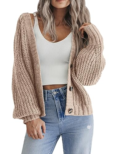 Hotouch Cardigan Damen Strickjacke Laternenärmel Gestrickte Jäckchen Casual Weich V-Ausschnitt Knopfleiste Khaki Strickmantel M