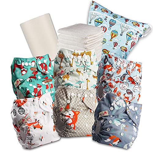 Littles & Bloomz 618PM6 wiederverwendbare Pocket-Babywindel aus Stoff, mit Standard-Druckknopfverschluss, 6 Windeln + 6 Einlagen, 1 Rolle Einwegeinlagen aus Bambus, 1 Beutel für nasse Windeln