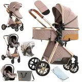 NADDLILY Kinderwagen 3 in 1, Buggy mit Umkehrbarem Zwei-Wege-Schub, Kinderwagen mit Faltbarem Tragbarem One-Click-Design, Kinderwagen 3 in 1 Komplettset mit Zubehör Hohe Landschaft (V9 Khaki)