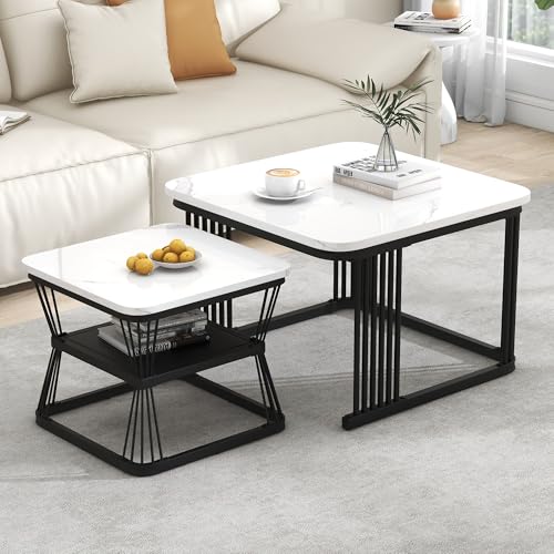 Merax Quadratisch Couchtisch 2er Set, Moderne Wohnzimmertisch mit Marmoroptik, Hochglänzend Satztisch mit Stauraum, für Wohnzimmer, Balkon und Büro, Metallgestell, Weiß und Schwarz