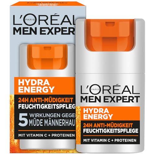 L'Oréal Men Expert Gesichtspflege gegen müde Haut für Männer, Belebende Feuchtigkeitscreme 24H Anti-Müdigkeit, Gesichtscreme für Herren mit Vitamin C und Proteinen, Hydra Energy, 1 x 50 ml