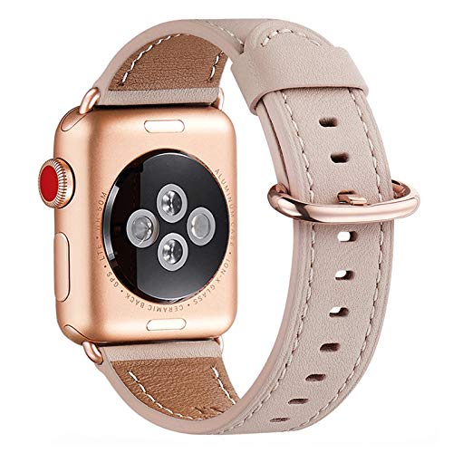 WFEAGL Kompatibel für Apple Watch Armband 40mm 41mm 38mm,Lederband Ersatzband für Herren Damen Kompatibel für iWatch Series 9/8/7/6/5/4/3/2/1,SE(38mm 40mm 41mm, Rosa Sand+Rosé Gold Adapter)