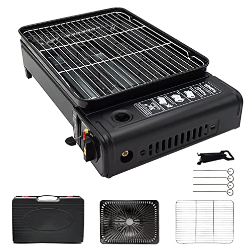 Camping Grillset Camping BBQ Set tragbarer Kassettengrill mit Grillrost, Grillpfannen-Clip – Campingkocher tragbarer Gasgrill Gasbrenner mit Koffer