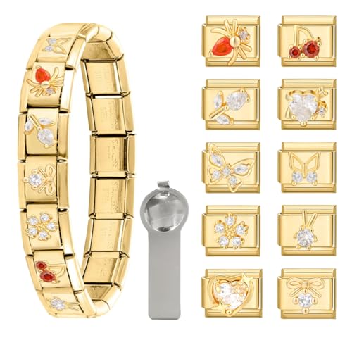 Greenyre 12PCS Italian Charm Bracelet Set,Italian Charms Gold 9mm DIY italienische Armband mit Starter-Armband und Öffnungswerkzeuge,Italian Style Charms Für Damen