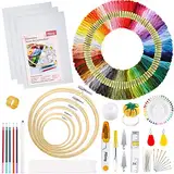 Pllieay Stickerei Set, Embroidery Kit mit Anleitung, 5 Bambus-Stickrollen, 100 Stickgarn, 3 Aida-Tücher und Kreuzstich-Werkzeug-Set zum Nähen, Sticken Set Erwachsene